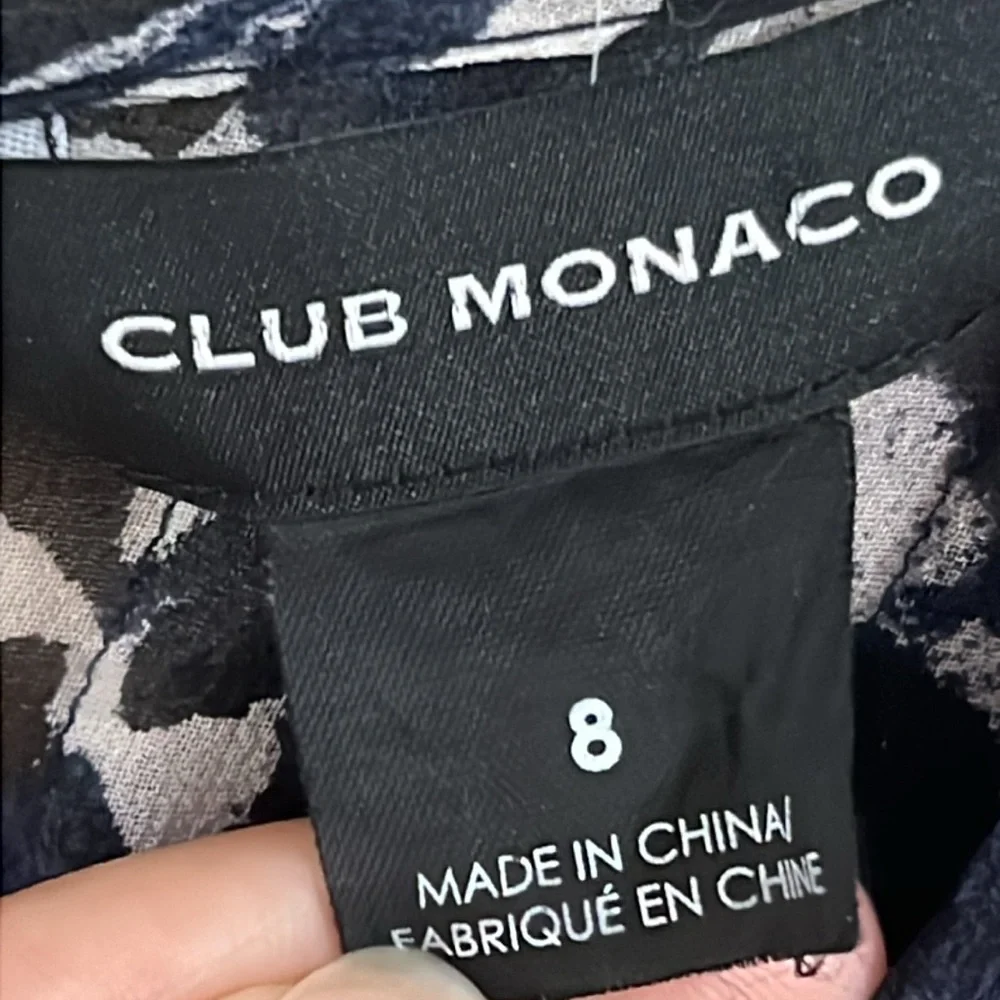 Club Monaco Women 8 Paint Splatter Navy‎ Mini Sheer Zipper Pleated 💯 Silk Dress